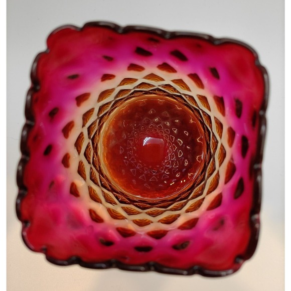 VICTORIAN AMBERINA 6" CELERY VASE - SQUARE RUFFLED TOP - HAND BLOWN - BEAUTIFUL! - Picture 2 of 2